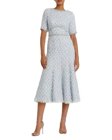 Mac Duggal Short-Sleeved Beaded Tweed Midi Dress | Thumbnail 1 Mac Duggal Short-Sleeved Beaded Tweed Midi Dress | Thumbnail 1