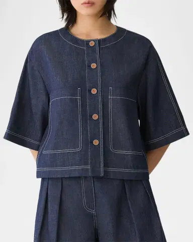 Lafayette 148 New York Elbow-Sleeve Cotton Chambray Jacket | Thumbnail 2 Lafayette 148 New York Elbow-Sleeve Cotton Chambray Jacket | Thumbnail 2