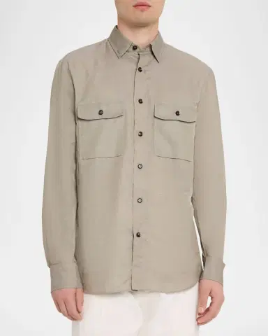 Brioni Men's Cotton and Linen Flap-Pocket Military Shirt | Thumbnail 4 Brioni Men's Cotton and Linen Flap-Pocket Military Shirt | Thumbnail 4