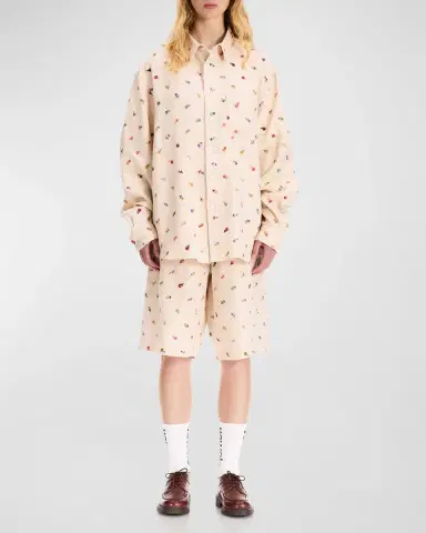 vowels Men's Linen Blend Floral Embroidered Button-Down Shirt | Thumbnail 2 vowels Men's Linen Blend Floral Embroidered Button-Down Shirt | Thumbnail 2