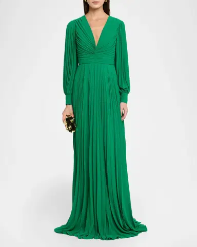 BADGLEY MISCHKA Pleated Blouson-Sleeve Georgette Gown | Thumbnail 2 BADGLEY MISCHKA Pleated Blouson-Sleeve Georgette Gown | Thumbnail 2