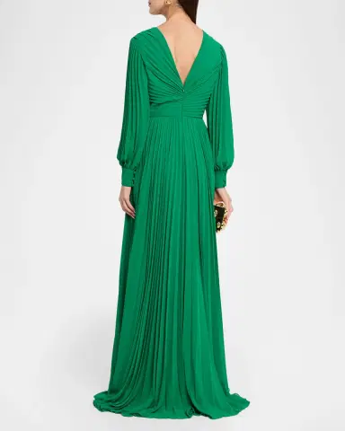 BADGLEY MISCHKA Pleated Blouson-Sleeve Georgette Gown | Thumbnail 3 BADGLEY MISCHKA Pleated Blouson-Sleeve Georgette Gown | Thumbnail 3