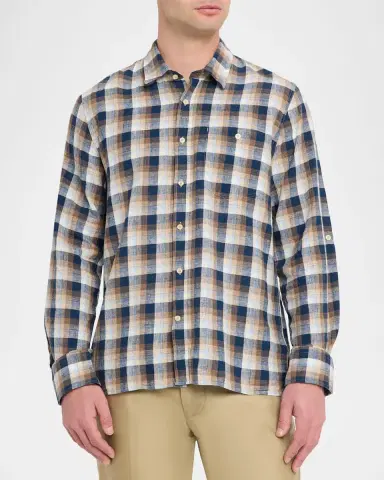 OFFICINE GÉNÉRALE Men's Younes Cotton and Linen Plaid Button-Down Shirt | Thumbnail 4 OFFICINE GÉNÉRALE Men's Younes Cotton and Linen Plaid Button-Down Shirt | Thumbnail 4