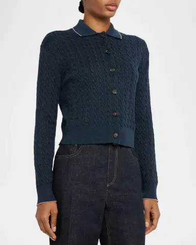 Brunello Cucinelli Shimmering Cable Knit Collared Cardigan | Thumbnail 4 Brunello Cucinelli Shimmering Cable Knit Collared Cardigan | Thumbnail 4