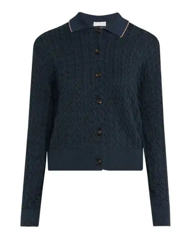 Brunello Cucinelli Shimmering Cable Knit Collared Cardigan | Thumbnail 1 Brunello Cucinelli Shimmering Cable Knit Collared Cardigan | Thumbnail 1