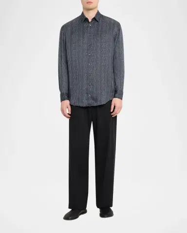 Giorgio Armani Men's Stripe-Print Viscose and Silk Button-Down Shirt | Thumbnail 2 Giorgio Armani Men's Stripe-Print Viscose and Silk Button-Down Shirt | Thumbnail 2