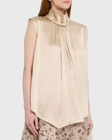 Brunello Cucinelli Sleeveless Silk Turtleneck Blouse w/ Monili | Thumbnail 4 Brunello Cucinelli Sleeveless Silk Turtleneck Blouse w/ Monili | Thumbnail 4