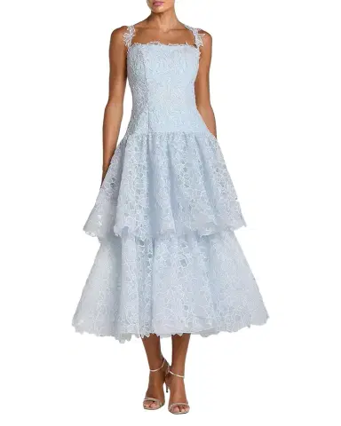 Mac Duggal Lace Tiered Fit & Flare Midi-Dress | Thumbnail 1 Mac Duggal Lace Tiered Fit & Flare Midi-Dress | Thumbnail 1