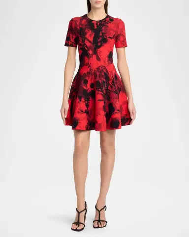 McQueen Floral Jacquard Short-Sleeve Mini Dress | Thumbnail 2 McQueen Floral Jacquard Short-Sleeve Mini Dress | Thumbnail 2