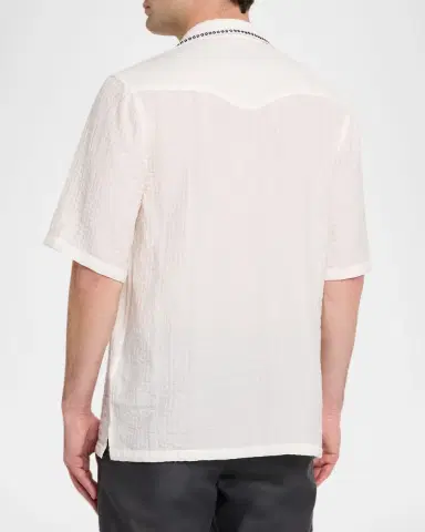 OFFICINE GÉNÉRALE Men's Eren Textured Viscose Short-Sleeve Camp Shirt | Thumbnail 3 OFFICINE GÉNÉRALE Men's Eren Textured Viscose Short-Sleeve Camp Shirt | Thumbnail 3