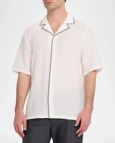 OFFICINE GÉNÉRALE Men's Eren Textured Viscose Short-Sleeve Camp Shirt | Thumbnail 4 OFFICINE GÉNÉRALE Men's Eren Textured Viscose Short-Sleeve Camp Shirt | Thumbnail 4