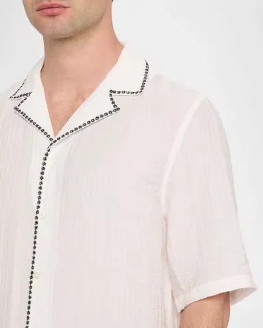 OFFICINE GÉNÉRALE Men's Eren Textured Viscose Short-Sleeve Camp Shirt | Thumbnail 5 OFFICINE GÉNÉRALE Men's Eren Textured Viscose Short-Sleeve Camp Shirt | Thumbnail 5
