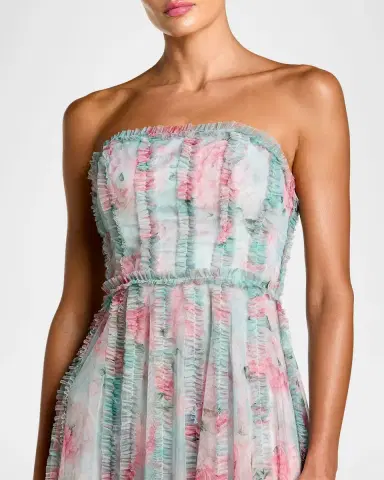 Mac Duggal Strapless Ruffle-Trim Floral Mesh Midi Dress | Thumbnail 4 Mac Duggal Strapless Ruffle-Trim Floral Mesh Midi Dress | Thumbnail 4