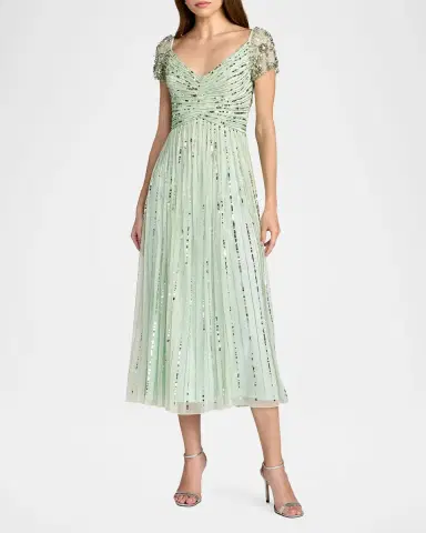 Mac Duggal Ruched Bead and Sequin Mesh Midi Dress | Thumbnail 2 Mac Duggal Ruched Bead and Sequin Mesh Midi Dress | Thumbnail 2