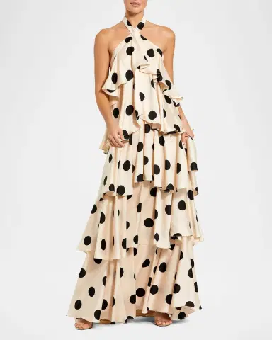 Mac Duggal Tiered Polka Dot Charmeuse Halter Gown | Thumbnail 2 Mac Duggal Tiered Polka Dot Charmeuse Halter Gown | Thumbnail 2