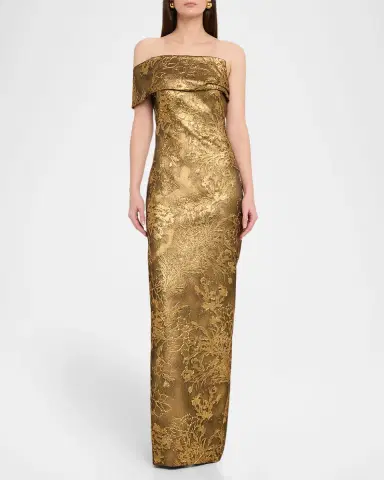 Pamella Roland Asymmetric Off-The-Shoulder Metallic Jacquard Gown | Thumbnail 2 Pamella Roland Asymmetric Off-The-Shoulder Metallic Jacquard Gown | Thumbnail 2