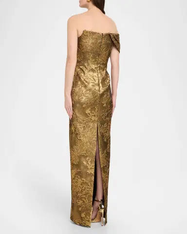 Pamella Roland Asymmetric Off-The-Shoulder Metallic Jacquard Gown | Thumbnail 3 Pamella Roland Asymmetric Off-The-Shoulder Metallic Jacquard Gown | Thumbnail 3