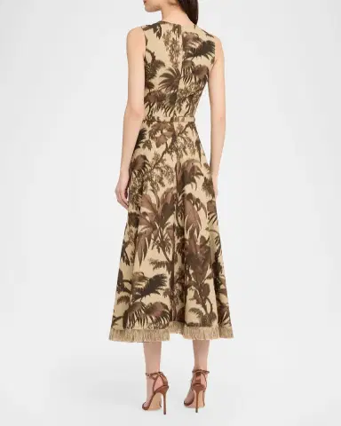 Oscar de la Renta Sleeveless Chine Palm-Print Belted Midi Dress | Thumbnail 3 Oscar de la Renta Sleeveless Chine Palm-Print Belted Midi Dress | Thumbnail 3