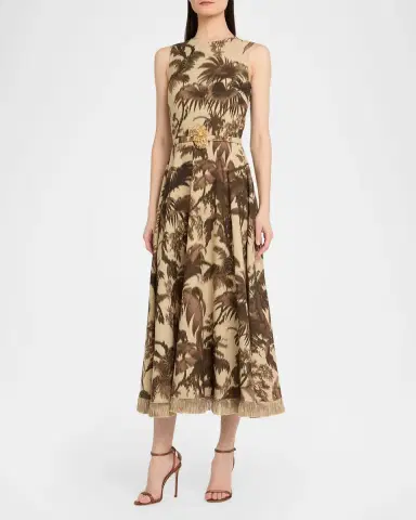 Oscar de la Renta Sleeveless Chine Palm-Print Belted Midi Dress | Thumbnail 4 Oscar de la Renta Sleeveless Chine Palm-Print Belted Midi Dress | Thumbnail 4