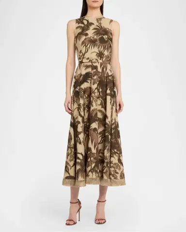 Oscar de la Renta Sleeveless Chine Palm-Print Belted Midi Dress | Thumbnail 6 Oscar de la Renta Sleeveless Chine Palm-Print Belted Midi Dress | Thumbnail 6