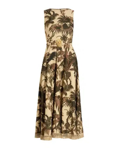 Oscar de la Renta Sleeveless Chine Palm-Print Belted Midi Dress | Thumbnail 1 Oscar de la Renta Sleeveless Chine Palm-Print Belted Midi Dress | Thumbnail 1