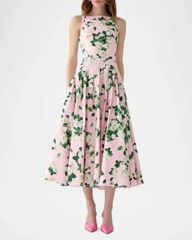 Carolina Herrera Rose-Print Pleated Drop-Waist Midi Dress | Thumbnail 2 Carolina Herrera Rose-Print Pleated Drop-Waist Midi Dress | Thumbnail 2