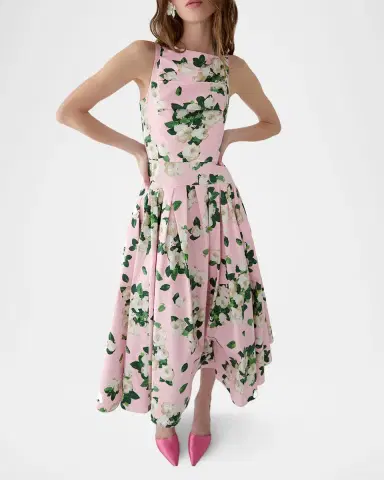 Carolina Herrera Rose-Print Pleated Drop-Waist Midi Dress | Thumbnail 4 Carolina Herrera Rose-Print Pleated Drop-Waist Midi Dress | Thumbnail 4