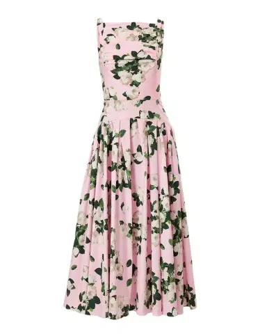Carolina Herrera Rose-Print Pleated Drop-Waist Midi Dress | Thumbnail 1 Carolina Herrera Rose-Print Pleated Drop-Waist Midi Dress | Thumbnail 1