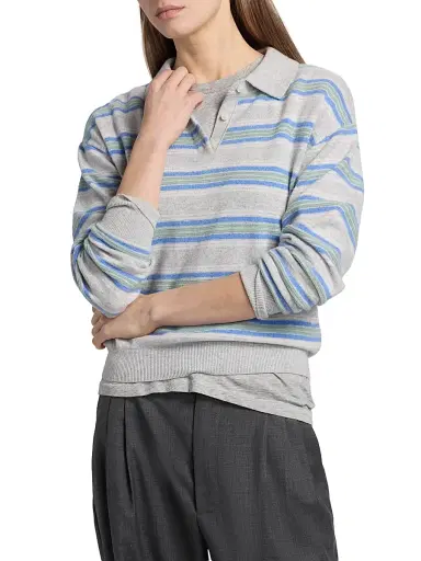 Guest in Residence Women's Collegiate-Striped Cashmere Polo Shirt - Stone Combo | Thumbnail 3 Guest in Residence Women's Collegiate-Striped Cashmere Polo Shirt - Stone Combo | Thumbnail 3