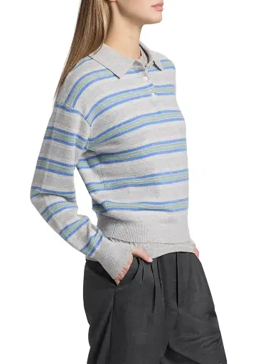 Guest in Residence Women's Collegiate-Striped Cashmere Polo Shirt - Stone Combo | Thumbnail 4 Guest in Residence Women's Collegiate-Striped Cashmere Polo Shirt - Stone Combo | Thumbnail 4