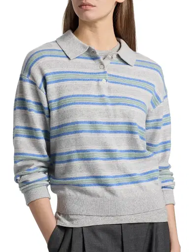 Guest in Residence Women's Collegiate-Striped Cashmere Polo Shirt - Stone Combo | Thumbnail 6 Guest in Residence Women's Collegiate-Striped Cashmere Polo Shirt - Stone Combo | Thumbnail 6