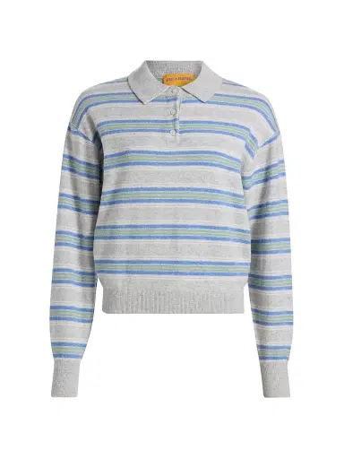 Guest in Residence Women's Collegiate-Striped Cashmere Polo Shirt - Stone Combo | Thumbnail 1 Guest in Residence Women's Collegiate-Striped Cashmere Polo Shirt - Stone Combo | Thumbnail 1