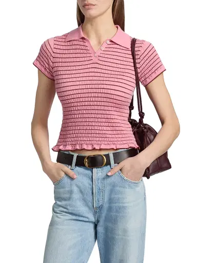 Guest in Residence Women's Smocked Cashmere Polo Top - Sprinkle Burnt Sienna | Thumbnail 3 Guest in Residence Women's Smocked Cashmere Polo Top - Sprinkle Burnt Sienna | Thumbnail 3