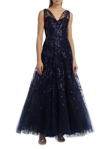 Amsale Women's Sequined Tulle Gown - Navy | Thumbnail 3 Amsale Women's Sequined Tulle Gown - Navy | Thumbnail 3
