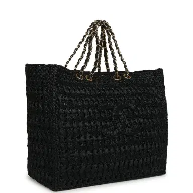 Chanel Chanel Coco Beach CC Shopping Tote Black Raffia and Calfskin Gold Hardware | Thumbnail 2 Chanel Chanel Coco Beach CC Shopping Tote Black Raffia and Calfskin Gold Hardware | Thumbnail 2