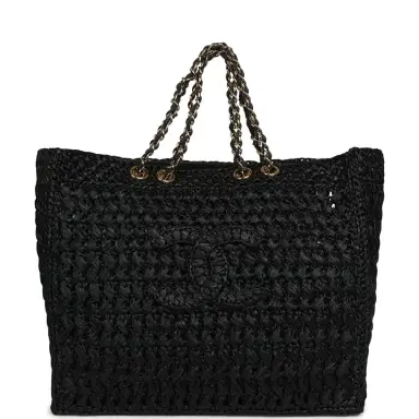 Chanel Chanel Coco Beach CC Shopping Tote Black Raffia and Calfskin Gold Hardware | Thumbnail 1 Chanel Chanel Coco Beach CC Shopping Tote Black Raffia and Calfskin Gold Hardware | Thumbnail 1