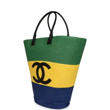 Chanel Chanel Coco Beach Maxi Shopping Bag Green, Yellow, Blue Raffia and Black Calfskin | Thumbnail 5 Chanel Chanel Coco Beach Maxi Shopping Bag Green, Yellow, Blue Raffia and Black Calfskin | Thumbnail 5