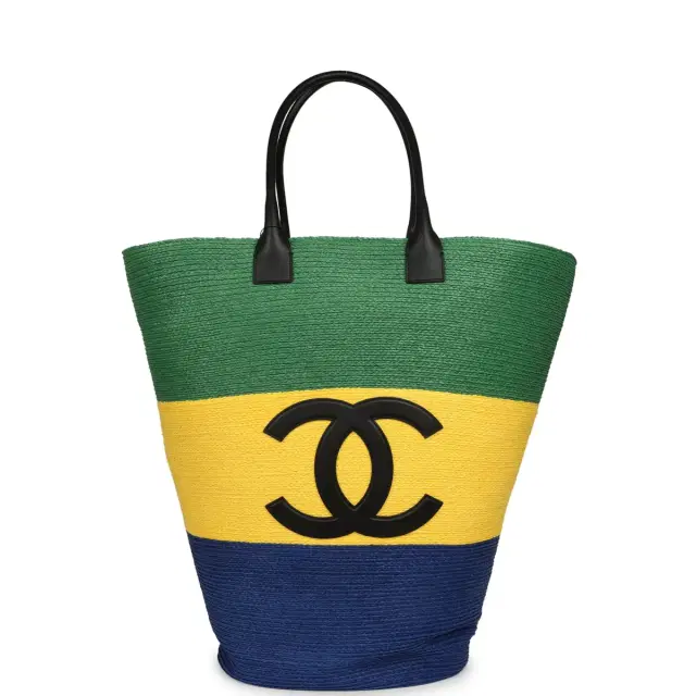 Chanel Coco Beach Maxi Shopping Bag Green, Yellow, Blue Raffia and Black Calfskin Chanel Coco Beach Maxi Shopping Bag Green, Yellow, Blue Raffia and Black Calfskin