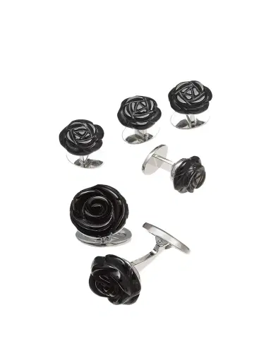 Jan Leslie Onyx Carved Rose Tuxedo Cuff Link and Stud Set | Thumbnail 1 Jan Leslie Onyx Carved Rose Tuxedo Cuff Link and Stud Set | Thumbnail 1