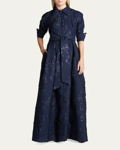 Rickie Freeman for Teri Jon Belted Jacquard Shirtdress Gown | Thumbnail 2 Rickie Freeman for Teri Jon Belted Jacquard Shirtdress Gown | Thumbnail 2
