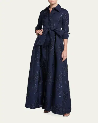 Rickie Freeman for Teri Jon Belted Jacquard Shirtdress Gown | Thumbnail 4 Rickie Freeman for Teri Jon Belted Jacquard Shirtdress Gown | Thumbnail 4