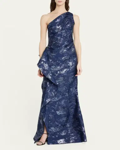 Rickie Freeman for Teri Jon Metallic Jacquard One-Shoulder Side-Ruffle Gown | Thumbnail 2 Rickie Freeman for Teri Jon Metallic Jacquard One-Shoulder Side-Ruffle Gown | Thumbnail 2