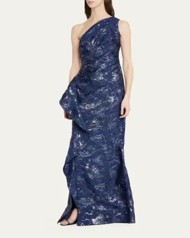 Rickie Freeman for Teri Jon Metallic Jacquard One-Shoulder Side-Ruffle Gown | Thumbnail 4 Rickie Freeman for Teri Jon Metallic Jacquard One-Shoulder Side-Ruffle Gown | Thumbnail 4