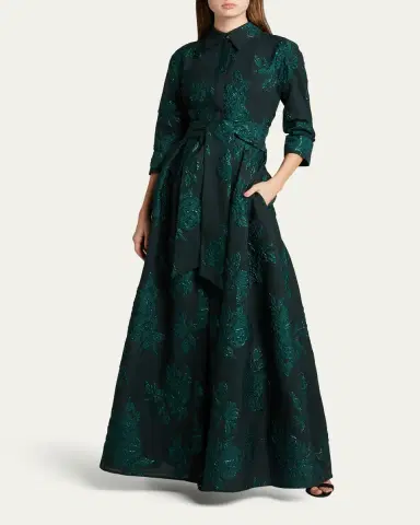 Rickie Freeman for Teri Jon Belted Jacquard Shirtdress Gown | Thumbnail 2 Rickie Freeman for Teri Jon Belted Jacquard Shirtdress Gown | Thumbnail 2