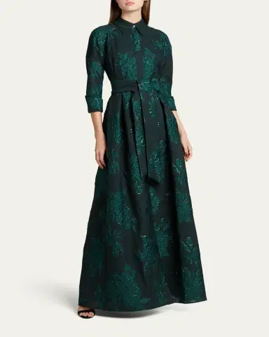 Rickie Freeman for Teri Jon Belted Jacquard Shirtdress Gown | Thumbnail 4 Rickie Freeman for Teri Jon Belted Jacquard Shirtdress Gown | Thumbnail 4