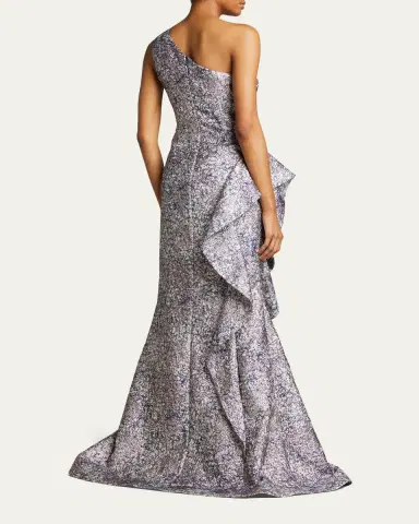 Rickie Freeman for Teri Jon One-Shoulder Jacquard Side-Ruffle Gown | Thumbnail 3 Rickie Freeman for Teri Jon One-Shoulder Jacquard Side-Ruffle Gown | Thumbnail 3