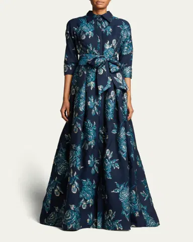 Rickie Freeman for Teri Jon Belted Jacquard Shirtdress Gown | Thumbnail 2 Rickie Freeman for Teri Jon Belted Jacquard Shirtdress Gown | Thumbnail 2