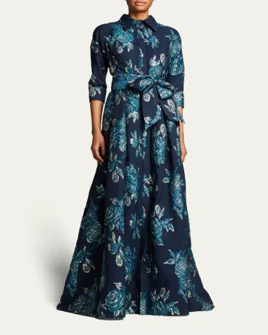 Rickie Freeman for Teri Jon Belted Jacquard Shirtdress Gown | Thumbnail 4 Rickie Freeman for Teri Jon Belted Jacquard Shirtdress Gown | Thumbnail 4