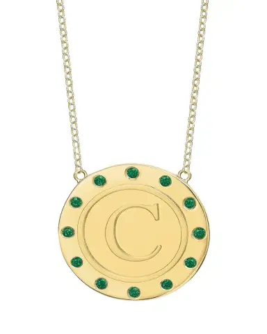 Tracee Nichols 14K Gold Initial Token Necklace with Emeralds | Thumbnail 1 Tracee Nichols 14K Gold Initial Token Necklace with Emeralds | Thumbnail 1
