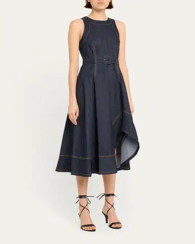 Cinq à Sept Zelda Belted Asymmetric Sleeveless Denim Midi Dress | Thumbnail 4 Cinq à Sept Zelda Belted Asymmetric Sleeveless Denim Midi Dress | Thumbnail 4